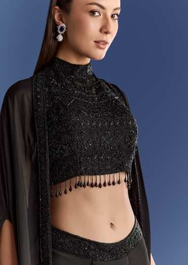 Black Chinon Cape Set With Embroidered Croptop And Skirt
