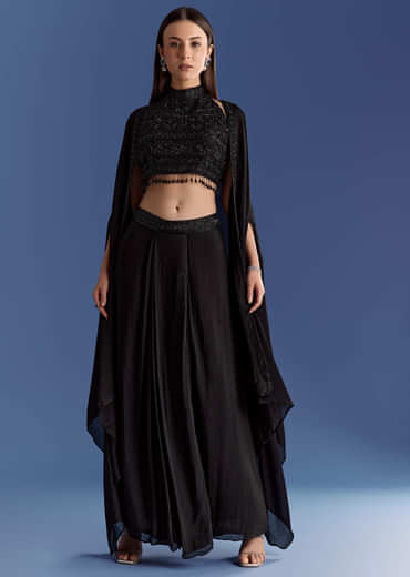Black Chinon Cape Set With Embroidered Croptop And Skirt