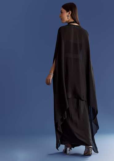 Black Chinon Cape Set With Embroidered Croptop And Skirt