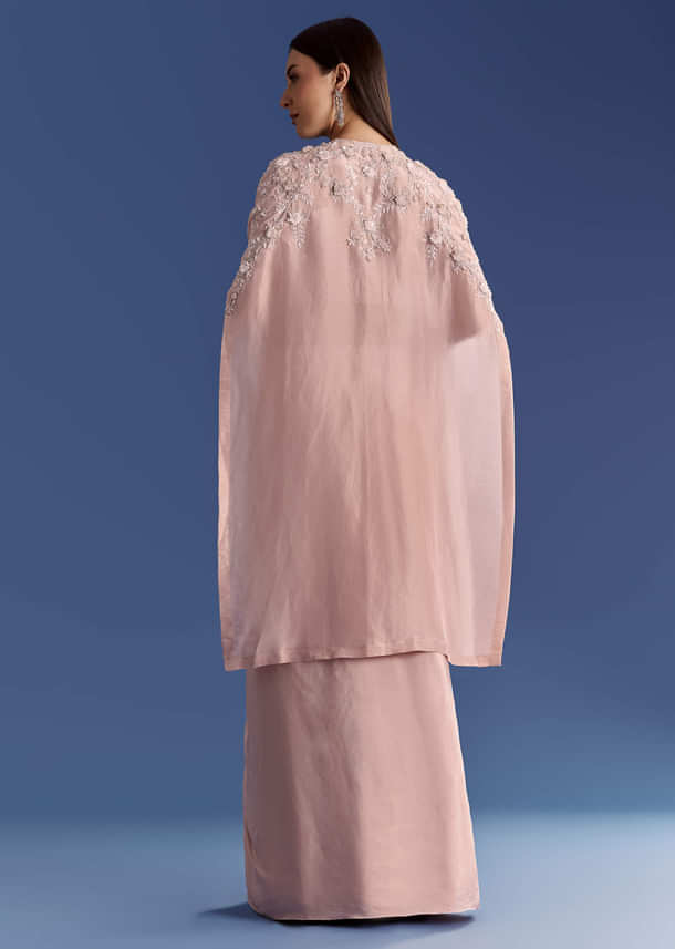 Light Peach Tissue Cape Set With Embroidered Croptop And Skirt