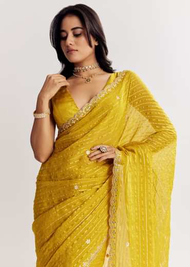 Mustard Yellow Georgette Saree With Foil Stripes And Mirror Gota Patti Work