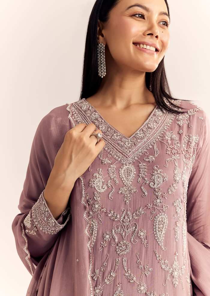 Mauve Pink Chinon Kurta Palazzo Set With Moti Work