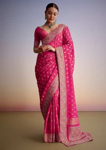 Hot Pink Silk Saree With Heavy Embroidered Border And Pallu Hot Pink Silk Saree With Heavy Embroidered Border And Pallu