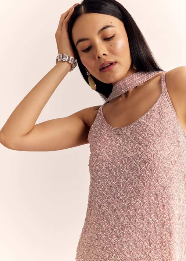 Pink Chinon Kurta Set With Cutdana Moti And Choker Dupatta