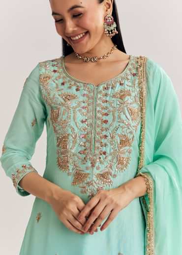 Blue Ombre Kurta Palazzo Suit With Zardosi And Sequins Work