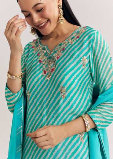 Baby Pink Georgette Kurta Palazzo Suit With Organza Dupatta And Moti Work