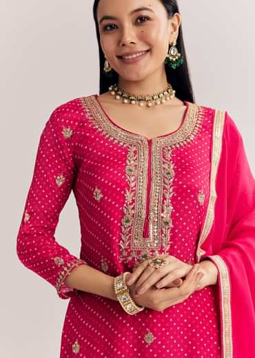 Pink Chinon Asymmetrical Embroidered Palazzo Suit