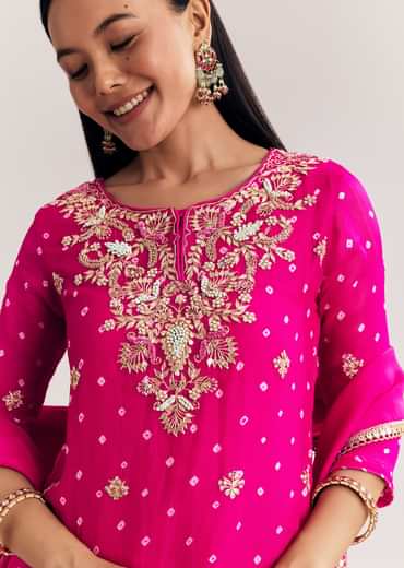 Pink Dola Silk Sharara Suit With Embroidered Print