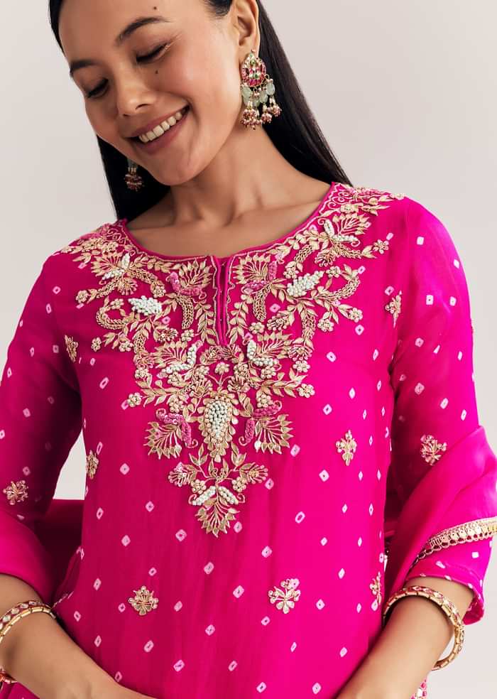 Pink Dola Silk Sharara Suit With Embroidered Print