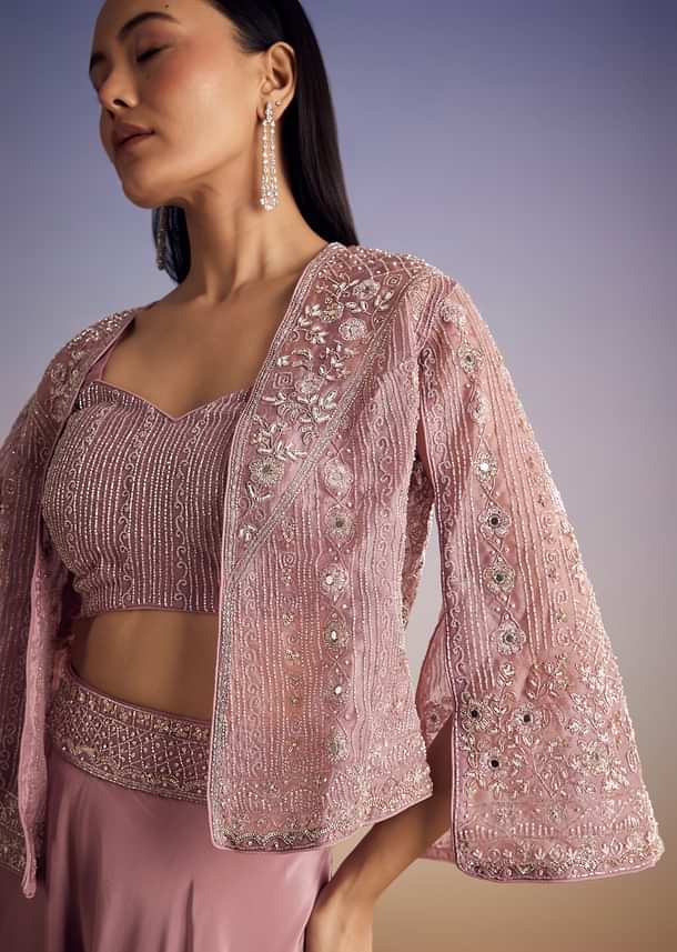 Onion Pink Organza Jacket Set With Cutdana And Beads Work