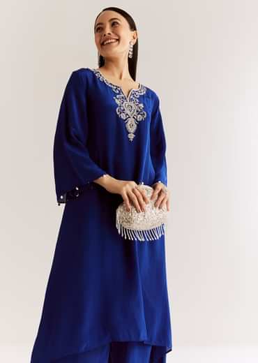 Blue Crepe Kurta Set With Silver Zardosi And Asymmetrical Cut