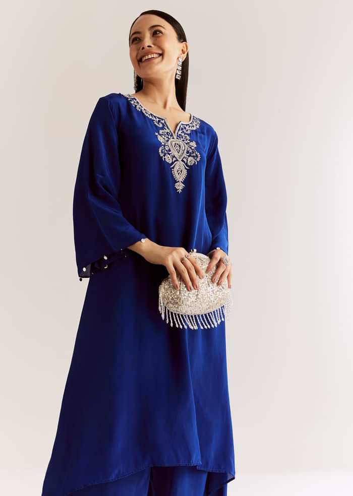 Blue Crepe Kurta Set With Silver Zardosi And Asymmetrical Cut