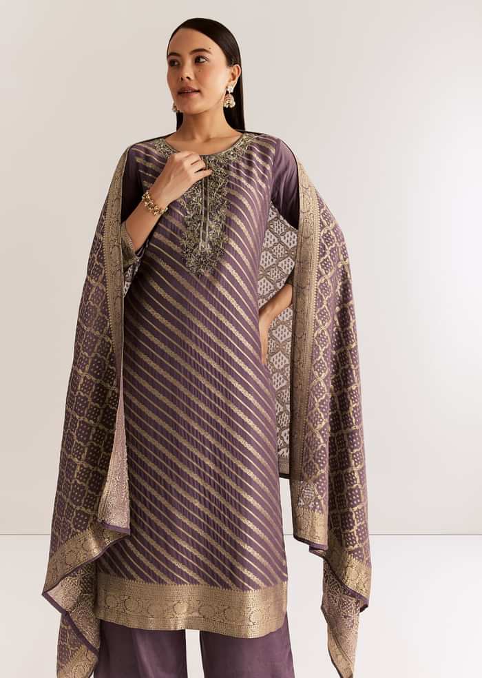 Purple Banarasi Georgette Kurta Set With Zardosi And Cutdana Work