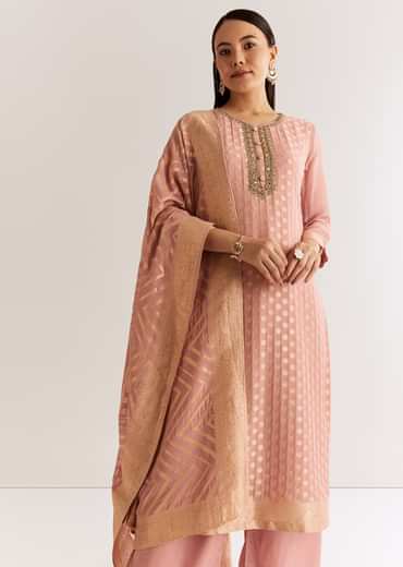 Pink Banarasi Georgette Kurta Set With Zardosi Neckline