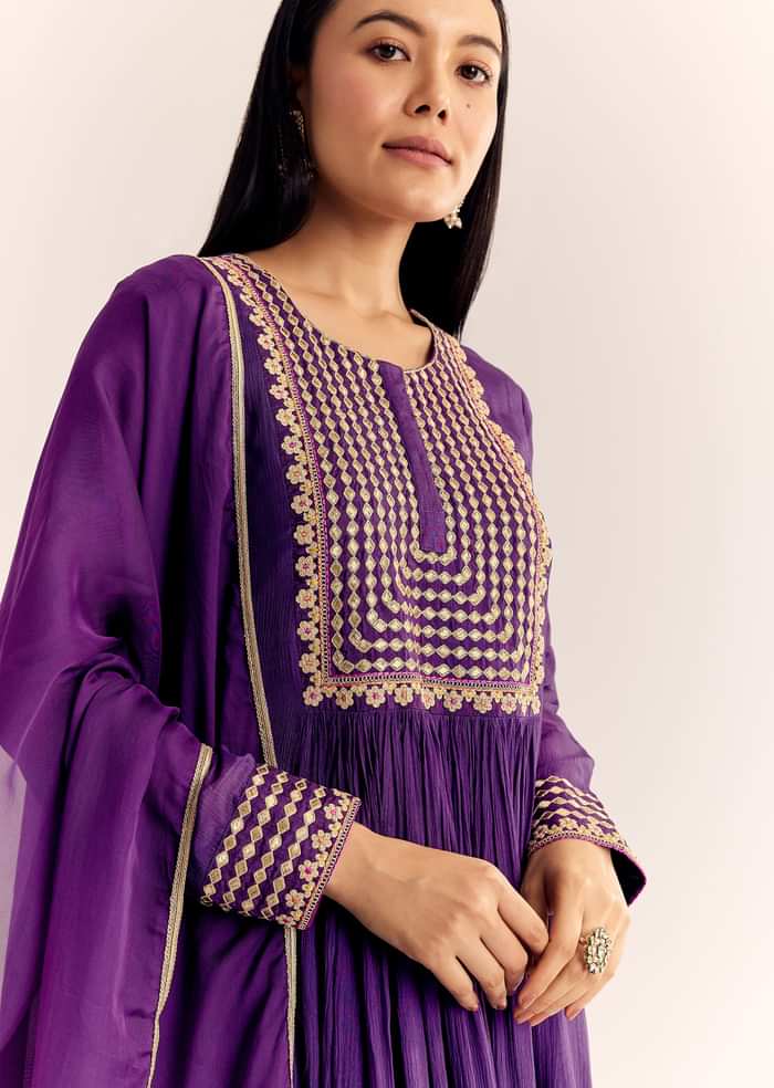 Purple Zari Neckline Chinon Anarkali Suit With Organza Dupatta