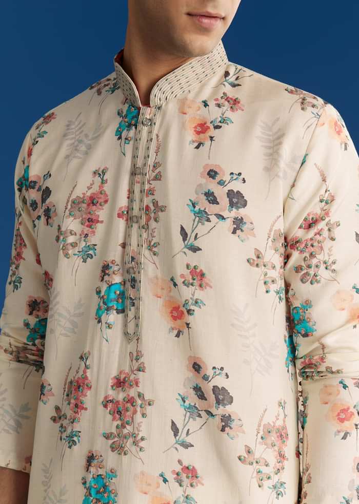 Off White Silk Linen Printed Kurta Set With Threadwork