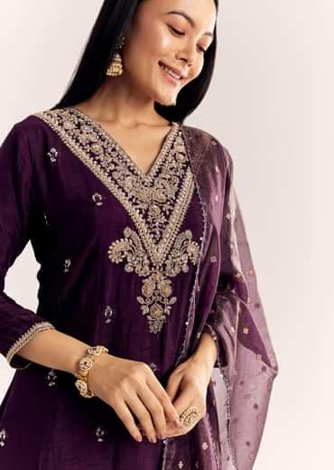 Wine Zardosi Work Dola Silk Kurta Suit With Organza Dupatta