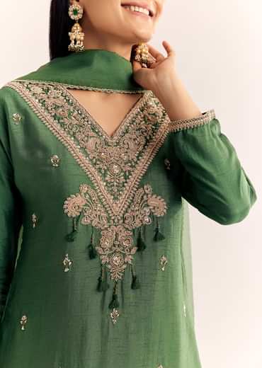 Green Zardosi Work Dola Silk Kurta Dupatta Suit