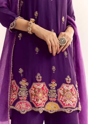 Purple Zardosi Work Dola Silk Kurta With Organza Dupatta