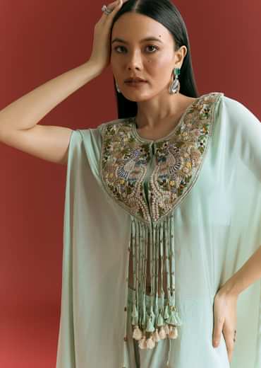 Powder Blue Chinon Cape Suit With Zardosi Thread And Moti Work