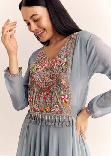 Grey Chinon Zardosi Kurta Palazzo Suit