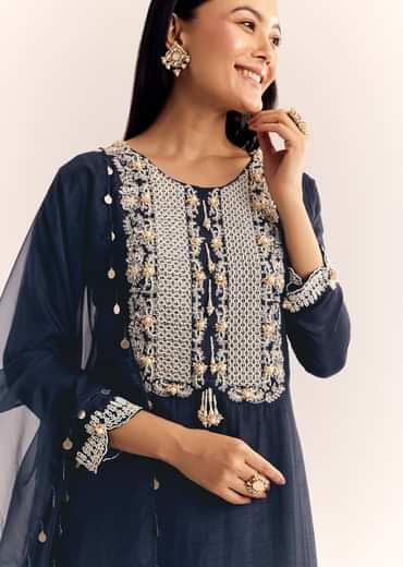 Blue Moti Threadwork Dola Silk Sharara Suit With Organza Dupatta