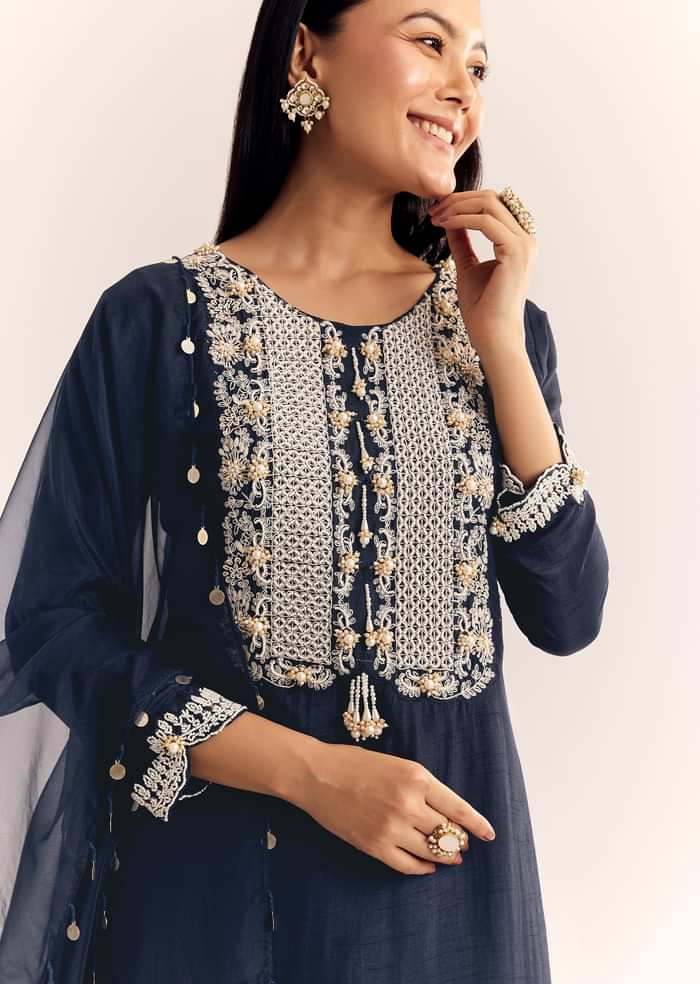 Blue Moti Threadwork Dola Silk Sharara Suit With Organza Dupatta