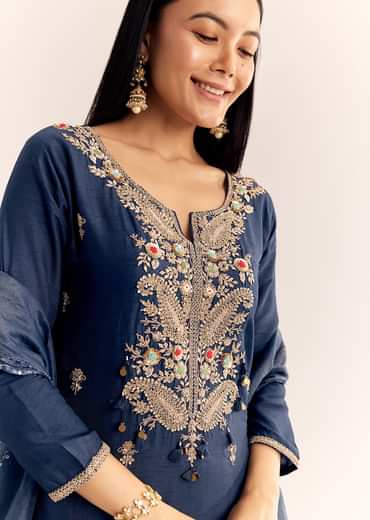 Teal Zardosi Work Kurta Pant With Dupatta