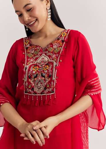 Red Chinon Asymmetrical Palazzo Suit With Embroidery