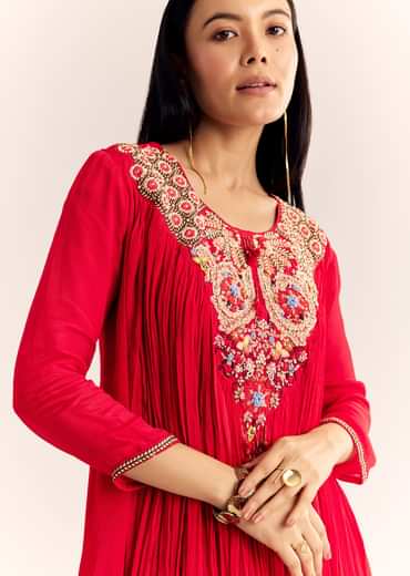 Red Chinon Flared Kurta Sharara With Thread Work