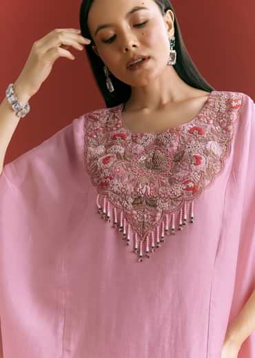Pink Dola Silk Kaftaan Indowestern Suit With Zardosi Work