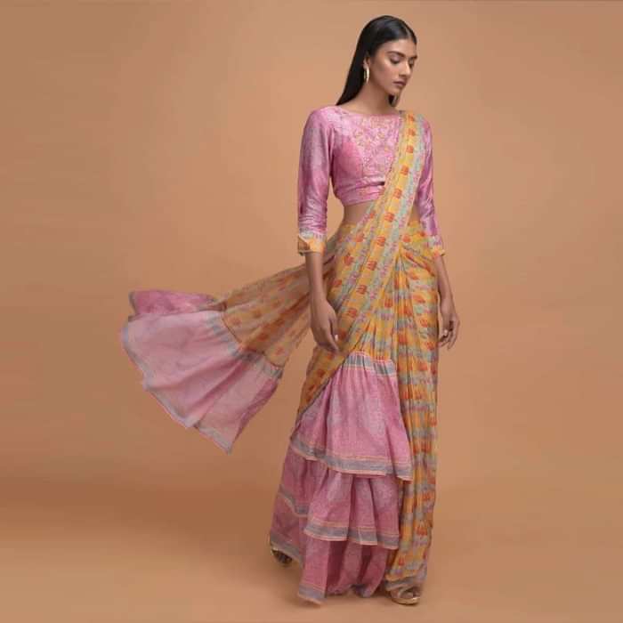 Yellow And Pink Ready Pleated Ruffle Saree In Crepe Enhanced With Floral And Paisley Print Online - Kalki Fashion
