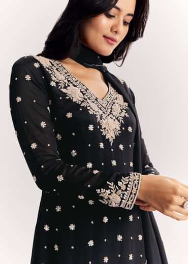 Chinon Kurta Sharara Suit With Cutdana Sequins And Thread Embroidery