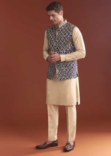 Blue Silk Bandhani Kurta Jacket Set For Men With Geometric Motifs Blue Silk Bandhani Kurta Jacket Set For Men With Geometric Motifs