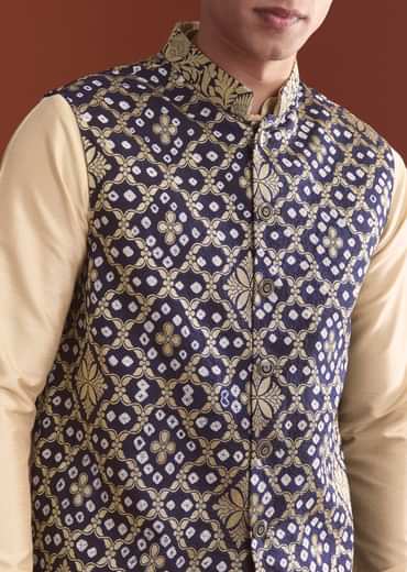 Blue Silk Bandhani Kurta Jacket Set For Men With Geometric Motifs Blue Silk Bandhani Kurta Jacket Set For Men With Geometric Motifs