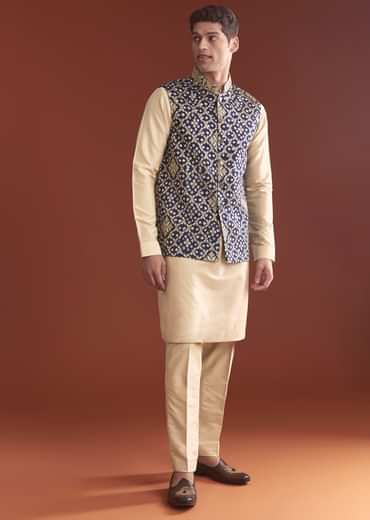 Blue Silk Bandhani Kurta Jacket Set For Men With Geometric Motifs Blue Silk Bandhani Kurta Jacket Set For Men With Geometric Motifs