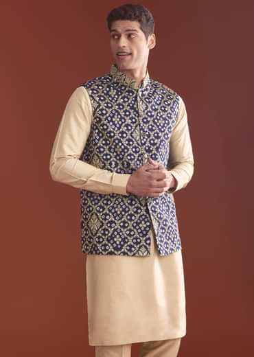 Blue Silk Bandhani Kurta Jacket Set For Men With Geometric Motifs Blue Silk Bandhani Kurta Jacket Set For Men With Geometric Motifs