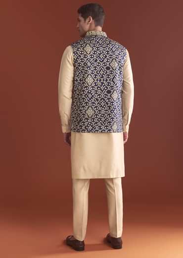 Blue Silk Bandhani Kurta Jacket Set For Men With Geometric Motifs Blue Silk Bandhani Kurta Jacket Set For Men With Geometric Motifs