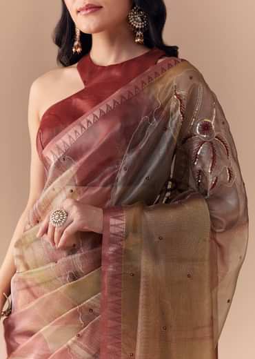 Maroon Shaded Organza Silk Saree with Unstitched Blouse