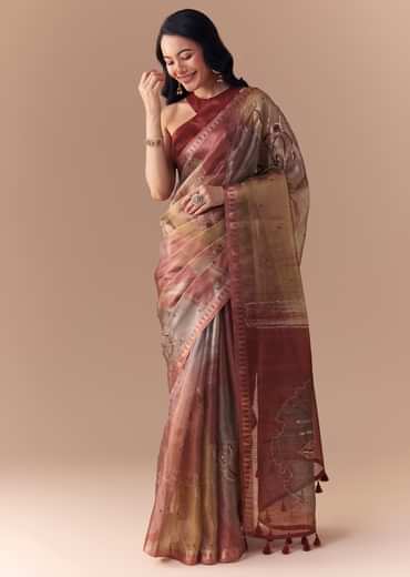Maroon Shaded Organza Silk Saree with Unstitched Blouse