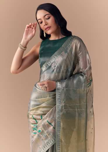 Teal Green Organza Silk Saree with Unstitched Blouse