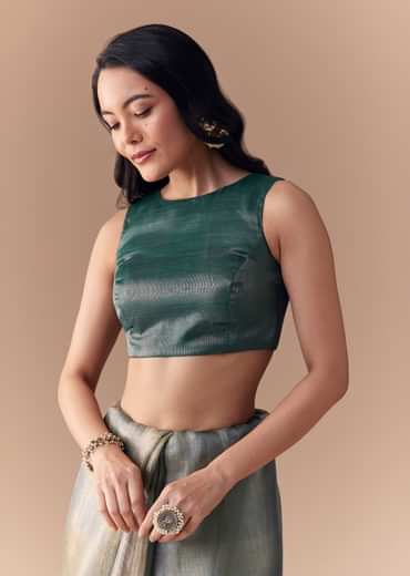 Teal Green Organza Silk Saree with Unstitched Blouse