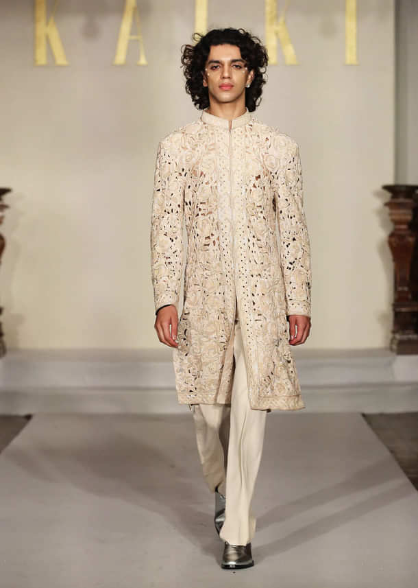 White Silk Sherwani For Groom With Cutwork Embroidery