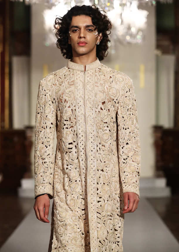 White Silk Sherwani For Groom With Cutwork Embroidery