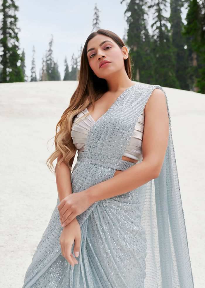 Megha Bajaj In Kalki Aqua Blue Ready Pleated Saree Embellished In Sequins With A Pleated Satin Blouse