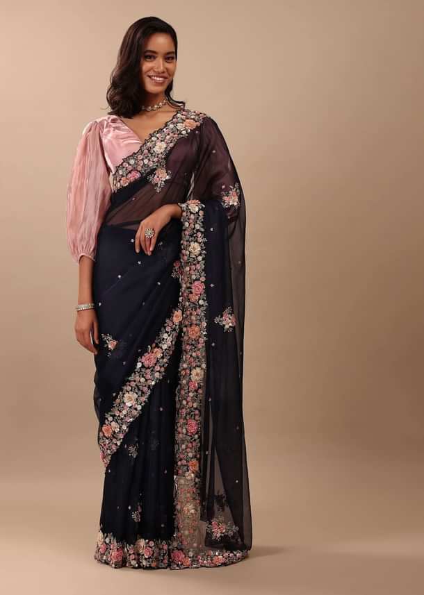 Navy Blue Saree In Organza With 3D Floral Embroidery In Moti, Cut Dana, And Sequins