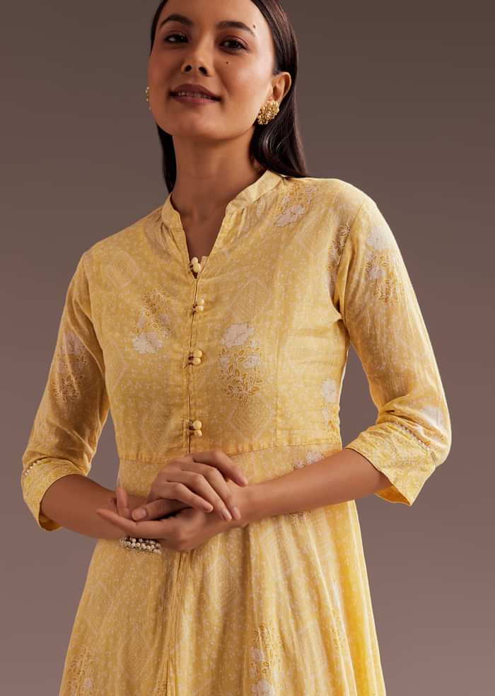 Light Yellow Floral Print Cotton Long Kurti