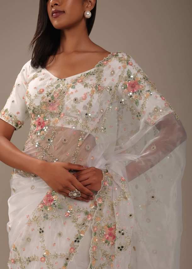 Milky White 3D Embroidered Tissue Silk Saree