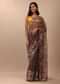 Fog Grey Saree In Organza With A Wide Floral Embroidered Pallu With Tassels