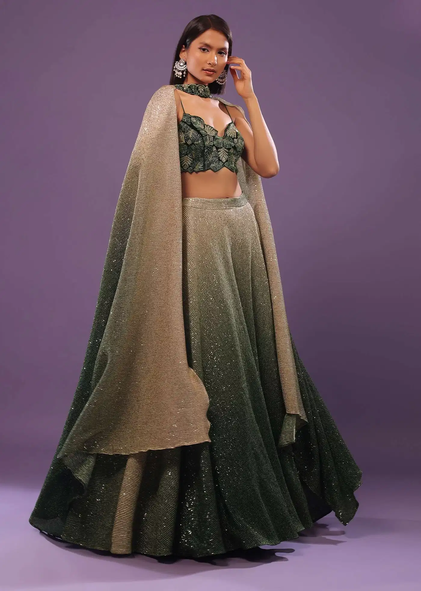 Deep Green Ombre And Gold Embroidered Lehenga Set With Sequins Embroidery